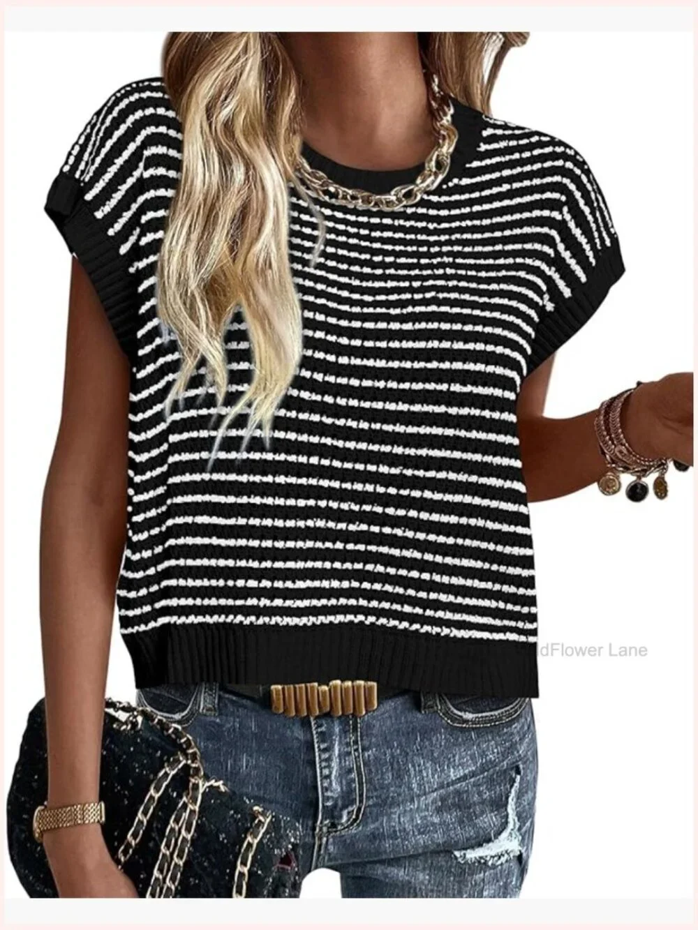 Short Sleeve Striped Pullover Sweater Vest Cap Sleeve Knit Tops